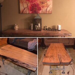 A group of photos of live edge wood tables made by Edgeworks Creations